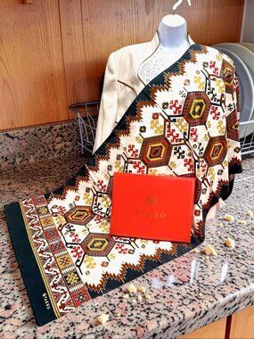 New W/Box Vakko 100% Silk Scarf 64"x23" Centuries Geometric Abstract Fringe(68)